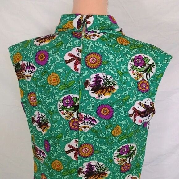 VTG 60s Handmade Green Groovy Floral Print High Neck Maxi Dress Large - Picture 15 of 16